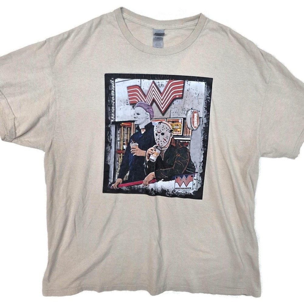 Michael Myers Jason Voorhees Whataburger Shirt Mens XL Beige Gildan Graphic Tee